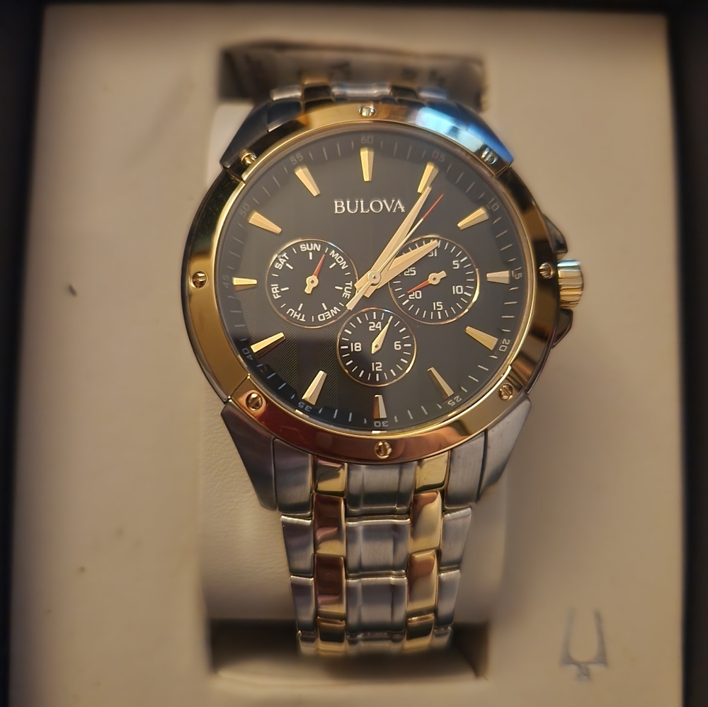 Brand New Men's Bulova Classic Two-Tone Watch with Black Dial (Model: 98C120)